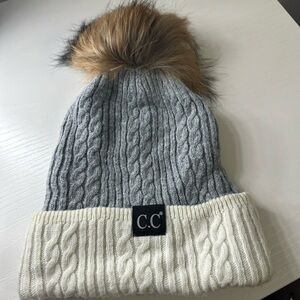 C.C Gray and Cream Knit Pom Beanie